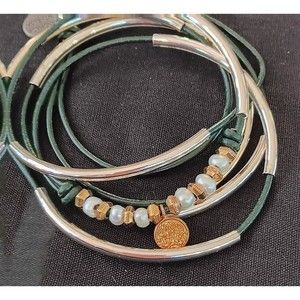 Lizzy James Silver Wrap Necklace Bracelet 2 in 1 Green Leather Pearls Druzy